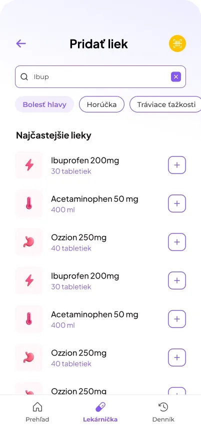 Obrazovka pridávania nového lieku s návrhmi najčastejších
